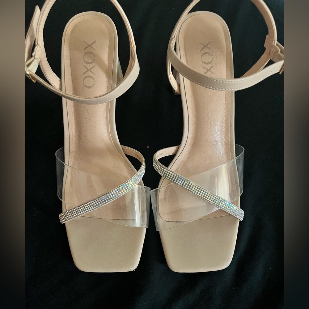 Prom high heels with a clear and bedazzled straps